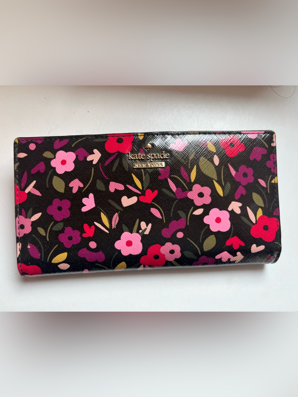 kate spade Black Floral Patent Zip Wallet with Pink, Red & Purple Flowers